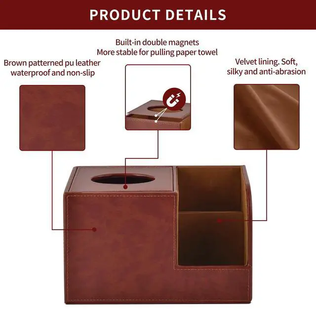 Alt view image 4 of 5 - PU Leather Square Tissue Box Cover,Multifunctional Tissue Box Holder,Tissue Box with Storage,Tissue and Remote Control Holder,Tissue Box Decorative Desk Organizer for Home&Office,Brown