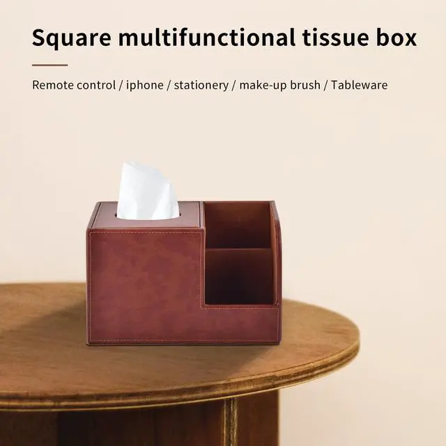 Alt view image 5 of 5 - PU Leather Square Tissue Box Cover,Multifunctional Tissue Box Holder,Tissue Box with Storage,Tissue and Remote Control Holder,Tissue Box Decorative Desk Organizer for Home&Office,Brown