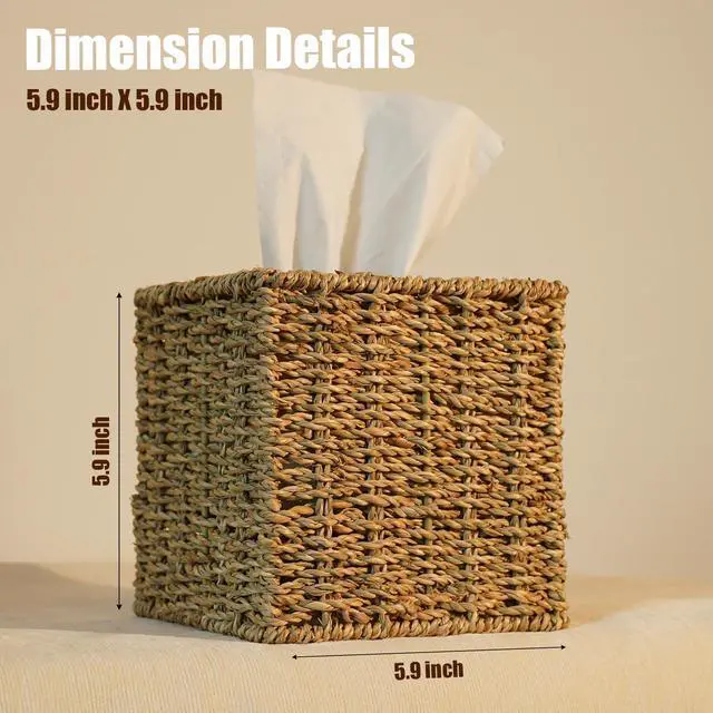 Alt view image 2 of 6 - Seagrass Handwoven Wicker Tissue Box Cover, Natural Handmade Napkin Box Holder, Handcrafted Square Facial Tissue Holder for Bathroom, Rustic Decorative on Table and Bathroom,Boho Decorative