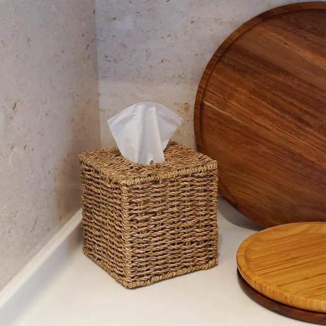 Alt view image 4 of 6 - Seagrass Handwoven Wicker Tissue Box Cover, Natural Handmade Napkin Box Holder, Handcrafted Square Facial Tissue Holder for Bathroom, Rustic Decorative on Table and Bathroom,Boho Decorative