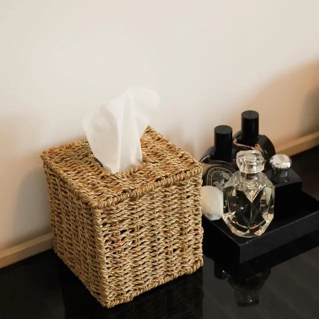 Alt view image 5 of 6 - Seagrass Handwoven Wicker Tissue Box Cover, Natural Handmade Napkin Box Holder, Handcrafted Square Facial Tissue Holder for Bathroom, Rustic Decorative on Table and Bathroom,Boho Decorative