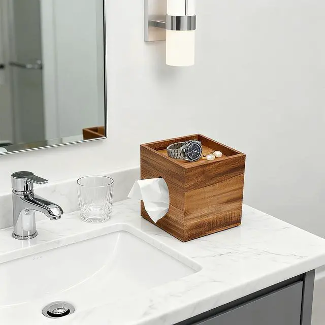 Alt view image 4 of 7 - Wooden Tissue Box Cover, Square Tissue Box Cover with Storage Tray, Decorative Tissues Boxes Covers, Modern Farmhouse Decor Tissues Holder for Bathroom, Bedroom, Dinner Table,Office,Kitchen