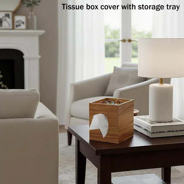 Alt view image 7 of 7 - Wooden Tissue Box Cover, Square Tissue Box Cover with Storage Tray, Decorative Tissues Boxes Covers, Modern Farmhouse Decor Tissues Holder for Bathroom, Bedroom, Dinner Table,Office,Kitchen