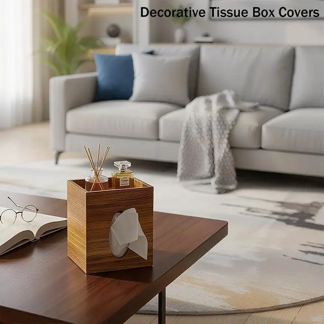 Alt view image 6 of 7 - Wooden Tissue Box Cover, Square Tissue Box Cover with Storage Tray, Decorative Tissues Boxes Covers, Modern Farmhouse Decor Tissues Holder for Bathroom, Bedroom, Dinner Table,Office,Kitchen