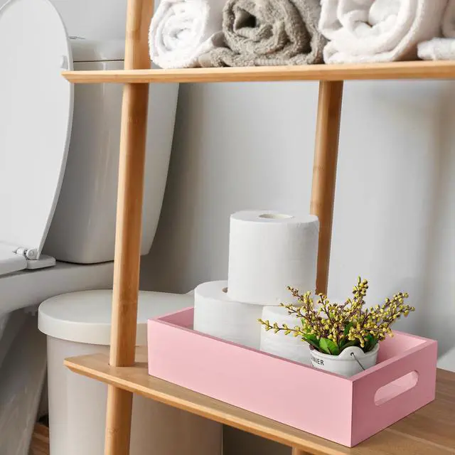 Alt view image 2 of 6 - Pink Bathroom Basket for Organizing - Wooden Toilet Tank Paper Basket with Handle for Back of Toilet Tank Top Organizer - Pink Kitchen Bathroom Decor Accessories