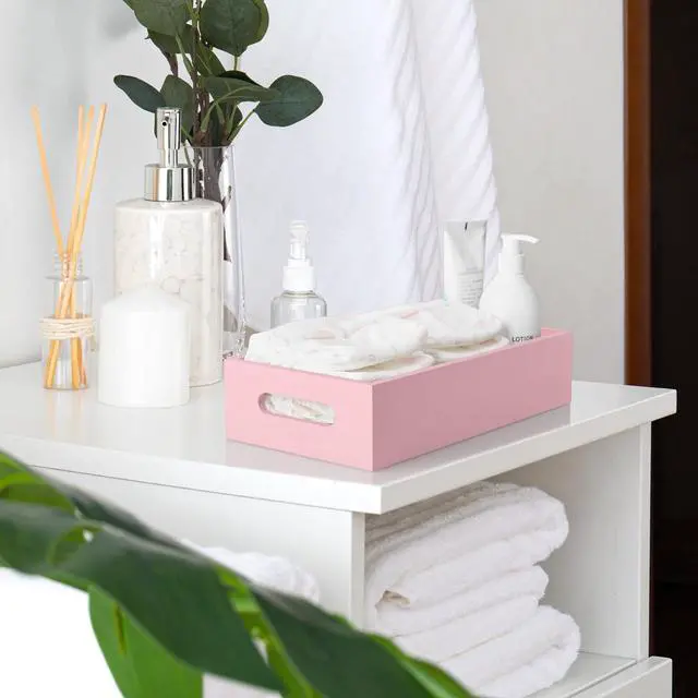 Alt view image 4 of 6 - Pink Bathroom Basket for Organizing - Wooden Toilet Tank Paper Basket with Handle for Back of Toilet Tank Top Organizer - Pink Kitchen Bathroom Decor Accessories
