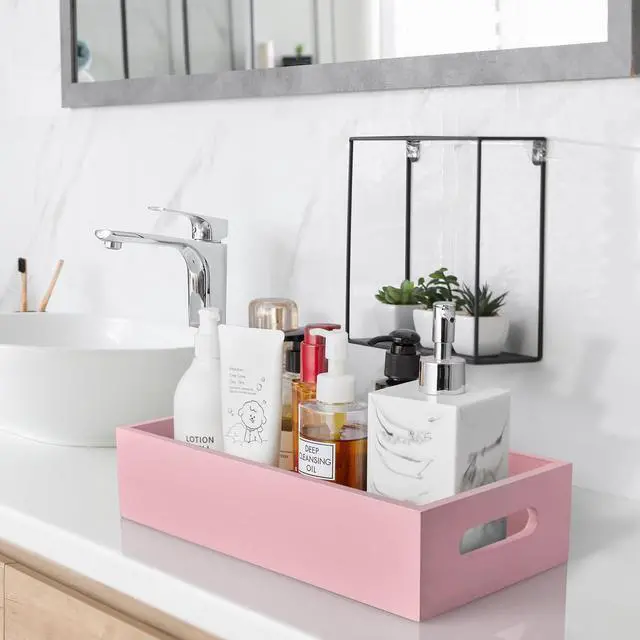 Alt view image 6 of 6 - Pink Bathroom Basket for Organizing - Wooden Toilet Tank Paper Basket with Handle for Back of Toilet Tank Top Organizer - Pink Kitchen Bathroom Decor Accessories