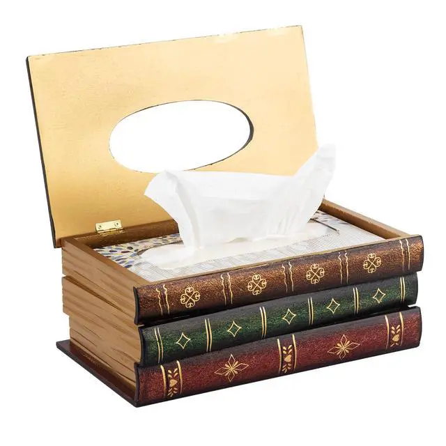 Alt view image 3 of 6 - Crafted Classical Retro Wooden Antique Book Tissue Box Cover Rectangular Tissue Holder Dispenser Paper Cover Case Napkin Holder Home Decor for Bathroom Living Room Office car Kitchen