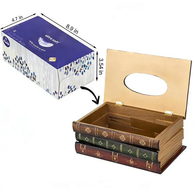 Alt view image 2 of 6 - Crafted Classical Retro Wooden Antique Book Tissue Box Cover Rectangular Tissue Holder Dispenser Paper Cover Case Napkin Holder Home Decor for Bathroom Living Room Office car Kitchen