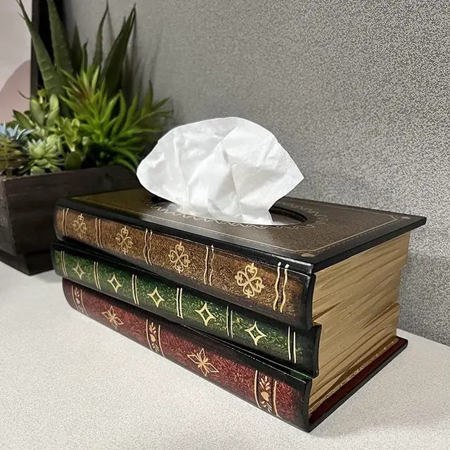 Alt view image 5 of 6 - Crafted Classical Retro Wooden Antique Book Tissue Box Cover Rectangular Tissue Holder Dispenser Paper Cover Case Napkin Holder Home Decor for Bathroom Living Room Office car Kitchen