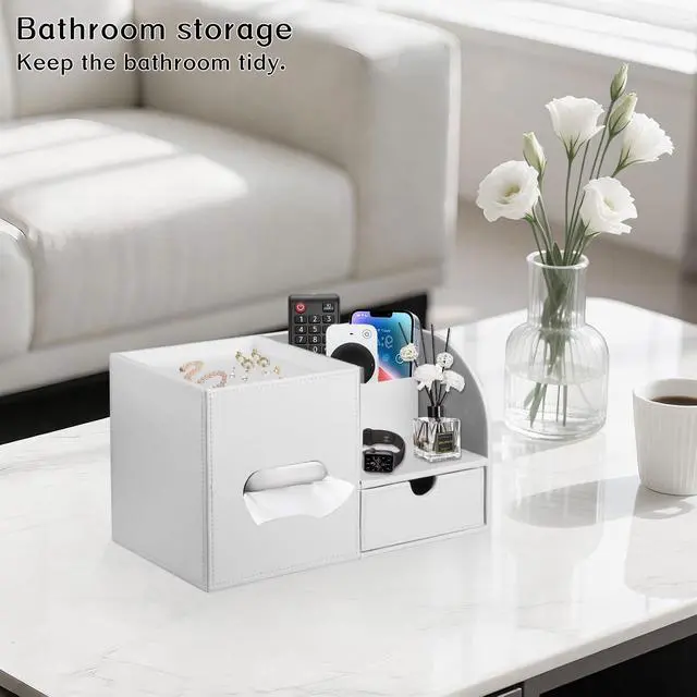 Alt view image 2 of 7 - Square Tissue Box Cover with Tray and Organizer, Multi-Functional Decor Cube Tissue Box Holder, Tissue and Remote Control Holder, for Vanity, Nightstand, Bathroom, Home, Office