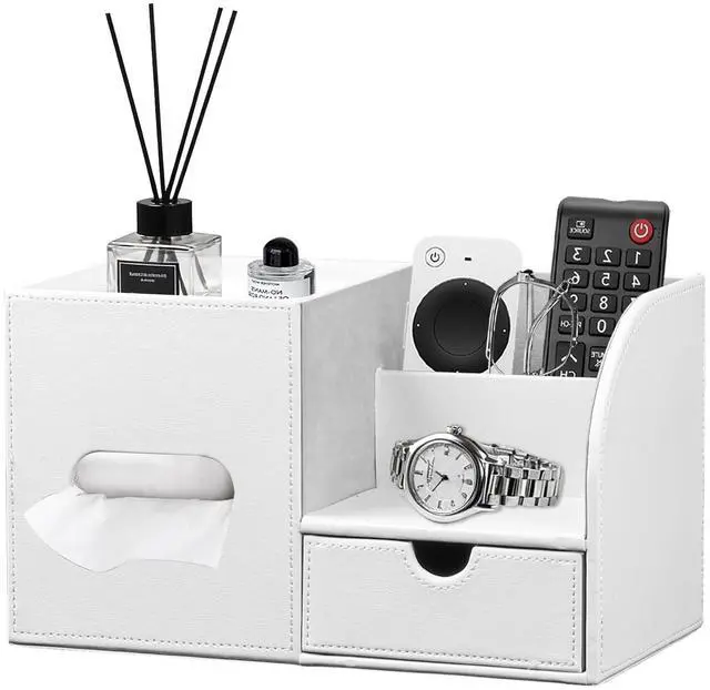 Main image of Square Tissue Box Cover with Tray and Organizer, Multi-Functional Decor Cube Tissue Box Holder, Tissue and Remote Control Holder, for Vanity, Nightstand, Bathroom, Home, Office