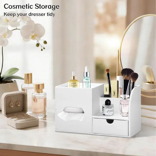 Alt view image 6 of 7 - Square Tissue Box Cover with Tray and Organizer, Multi-Functional Decor Cube Tissue Box Holder, Tissue and Remote Control Holder, for Vanity, Nightstand, Bathroom, Home, Office