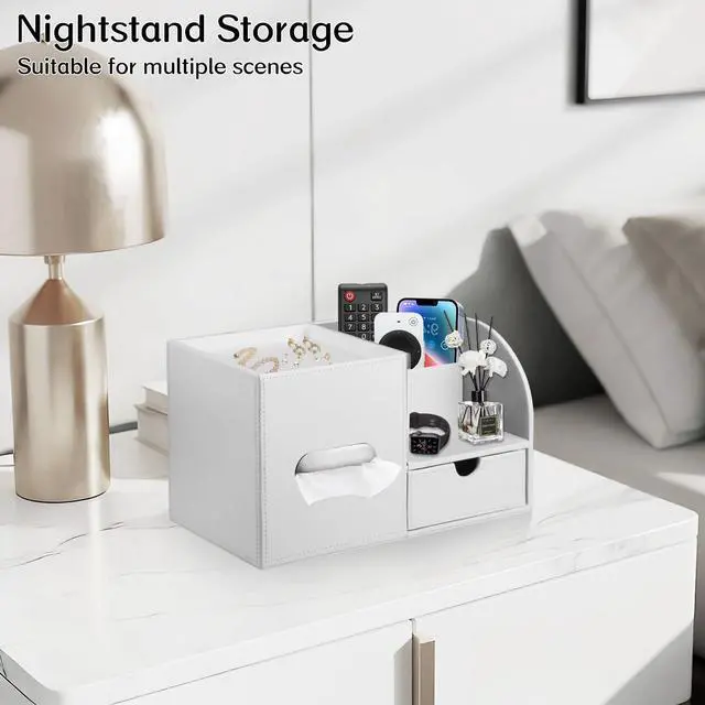 Alt view image 7 of 7 - Square Tissue Box Cover with Tray and Organizer, Multi-Functional Decor Cube Tissue Box Holder, Tissue and Remote Control Holder, for Vanity, Nightstand, Bathroom, Home, Office