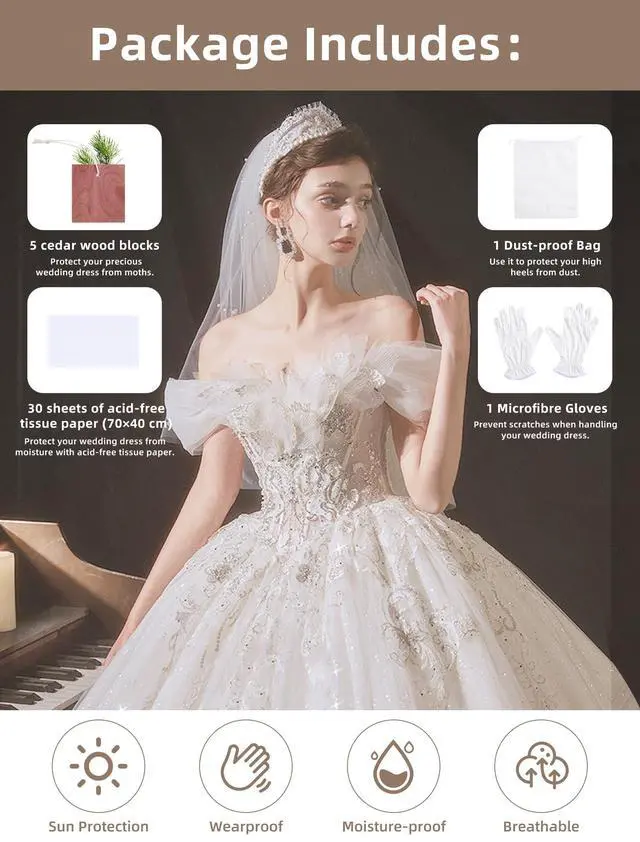 Alt view image 4 of 7 - Wedding Dress Storage Box, Large Wedding Dress Preservation Box with 5 Cedar Wood Blocks, 30 Sheets of Acid-Free Tissue Paper, Microfiber Gloves, and Dust-Proof Bag-Beige&Linen Color