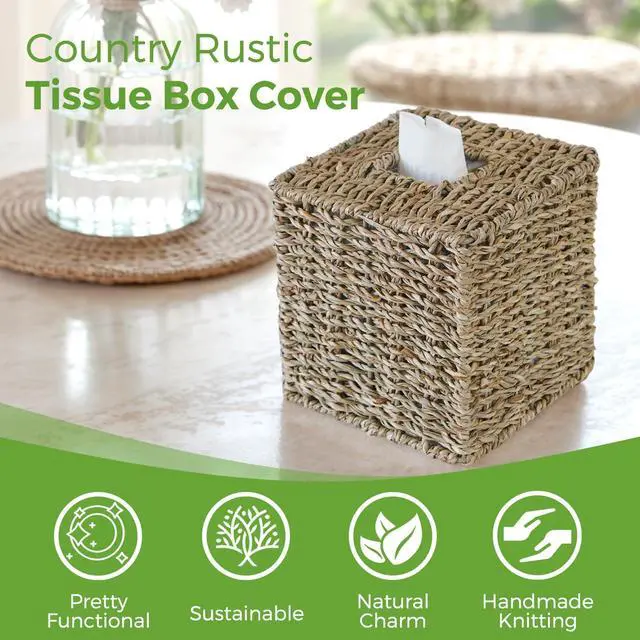 Alt view image 2 of 7 - Seagrass Tissue Box Cover, Wicker Tissue Box Holder Square, Hand Woven Cube Tissue Box Cover Tissue Holder for Bathroom Living Room Kitchen Office, Natural