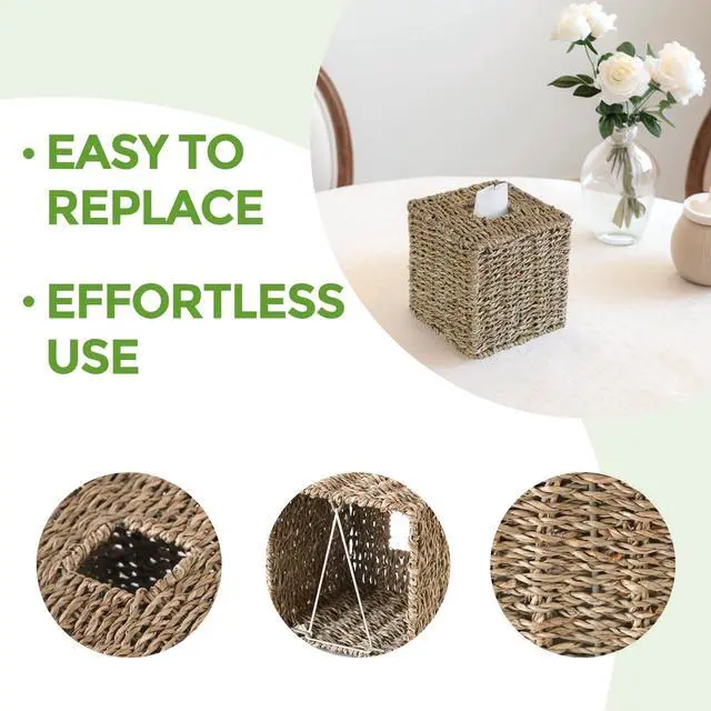Alt view image 4 of 7 - Seagrass Tissue Box Cover, Wicker Tissue Box Holder Square, Hand Woven Cube Tissue Box Cover Tissue Holder for Bathroom Living Room Kitchen Office, Natural