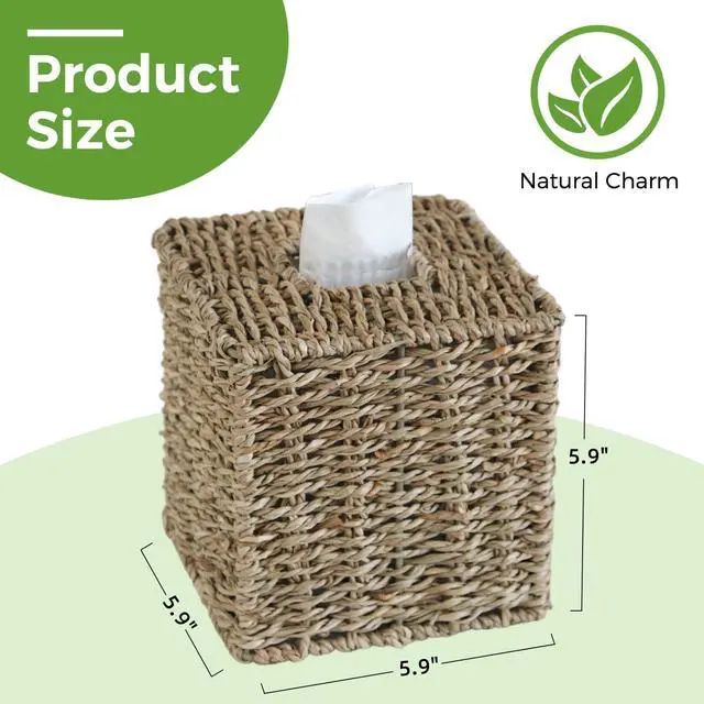 Alt view image 3 of 7 - Seagrass Tissue Box Cover, Wicker Tissue Box Holder Square, Hand Woven Cube Tissue Box Cover Tissue Holder for Bathroom Living Room Kitchen Office, Natural