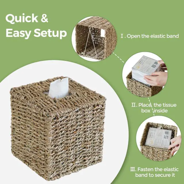Alt view image 5 of 7 - Seagrass Tissue Box Cover, Wicker Tissue Box Holder Square, Hand Woven Cube Tissue Box Cover Tissue Holder for Bathroom Living Room Kitchen Office, Natural