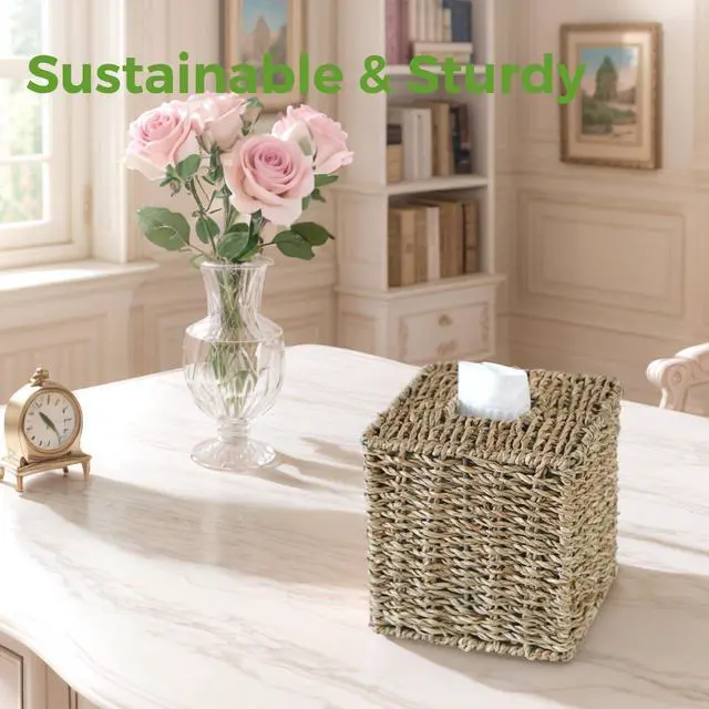 Alt view image 7 of 7 - Seagrass Tissue Box Cover, Wicker Tissue Box Holder Square, Hand Woven Cube Tissue Box Cover Tissue Holder for Bathroom Living Room Kitchen Office, Natural