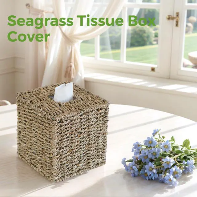 Alt view image 6 of 7 - Seagrass Tissue Box Cover, Wicker Tissue Box Holder Square, Hand Woven Cube Tissue Box Cover Tissue Holder for Bathroom Living Room Kitchen Office, Natural