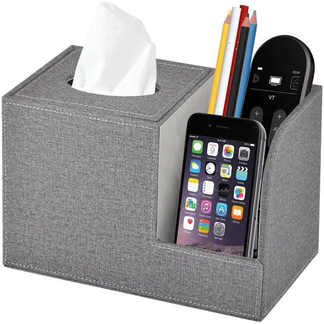 Main image of Square Tissue Box Cover Organizer,PU Leather Cube Tissue Box Holder with 2-Compartment Storage Box,Tissue and Remote Control Holder,Decorative Tissue Box Bedroom NightStand Office Tabletop,Grey