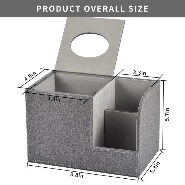 Alt view image 2 of 7 - Square Tissue Box Cover Organizer,PU Leather Cube Tissue Box Holder with 2-Compartment Storage Box,Tissue and Remote Control Holder,Decorative Tissue Box Bedroom NightStand Office Tabletop,Grey