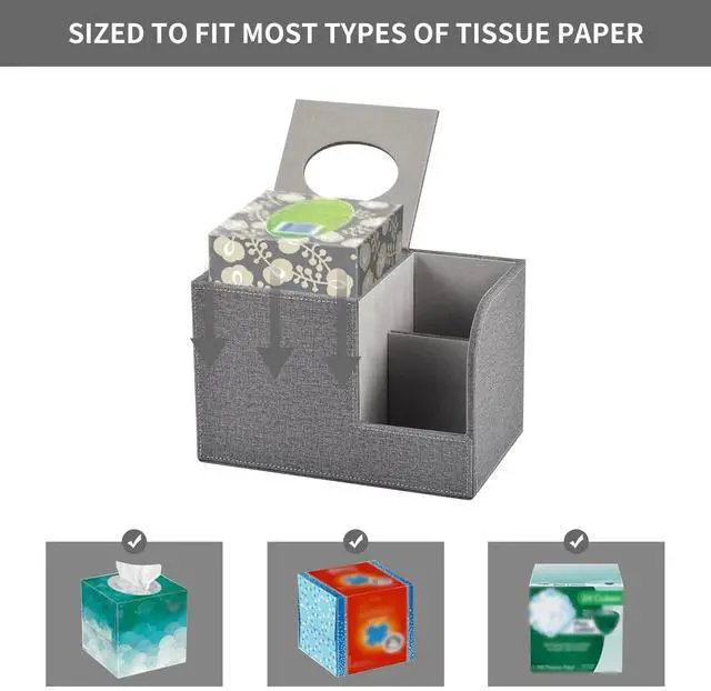 Alt view image 3 of 7 - Square Tissue Box Cover Organizer,PU Leather Cube Tissue Box Holder with 2-Compartment Storage Box,Tissue and Remote Control Holder,Decorative Tissue Box Bedroom NightStand Office Tabletop,Grey