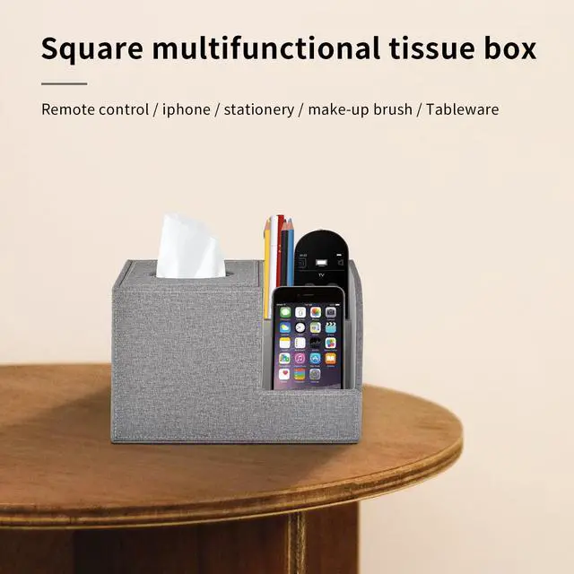Alt view image 4 of 7 - Square Tissue Box Cover Organizer,PU Leather Cube Tissue Box Holder with 2-Compartment Storage Box,Tissue and Remote Control Holder,Decorative Tissue Box Bedroom NightStand Office Tabletop,Grey