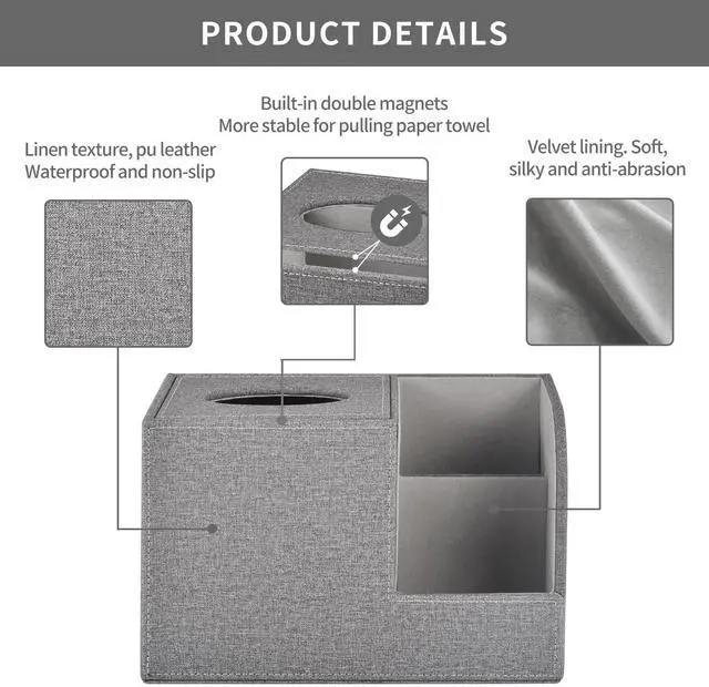 Alt view image 5 of 7 - Square Tissue Box Cover Organizer,PU Leather Cube Tissue Box Holder with 2-Compartment Storage Box,Tissue and Remote Control Holder,Decorative Tissue Box Bedroom NightStand Office Tabletop,Grey