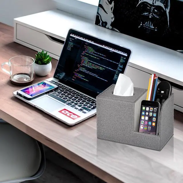 Alt view image 7 of 7 - Square Tissue Box Cover Organizer,PU Leather Cube Tissue Box Holder with 2-Compartment Storage Box,Tissue and Remote Control Holder,Decorative Tissue Box Bedroom NightStand Office Tabletop,Grey