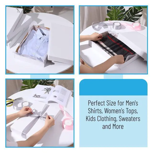 Alt view image 7 of 7 - MPFY- White Shirt Gift Wrap Boxes with Tissue Paper and Wrapping Band,10 Pack, White, 15x9.5"x2", Christmas Gift Boxes with Lids
