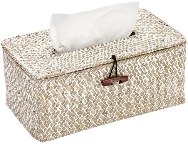 Main image of Rectangle Natural Seagrass Tissue Box Cover,Woven Tissue Box with Bottom,Farmhouse Tissue Box Holder for Living Room Bathroom Vanity Toilet Table Desk Countertop Office Car,Whitewash