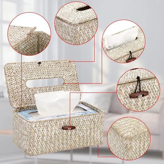Alt view image 4 of 7 - Rectangle Natural Seagrass Tissue Box Cover,Woven Tissue Box with Bottom,Farmhouse Tissue Box Holder for Living Room Bathroom Vanity Toilet Table Desk Countertop Office Car,Whitewash