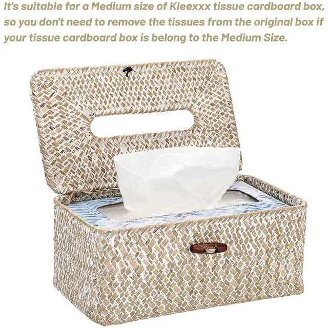 Alt view image 6 of 7 - Rectangle Natural Seagrass Tissue Box Cover,Woven Tissue Box with Bottom,Farmhouse Tissue Box Holder for Living Room Bathroom Vanity Toilet Table Desk Countertop Office Car,Whitewash