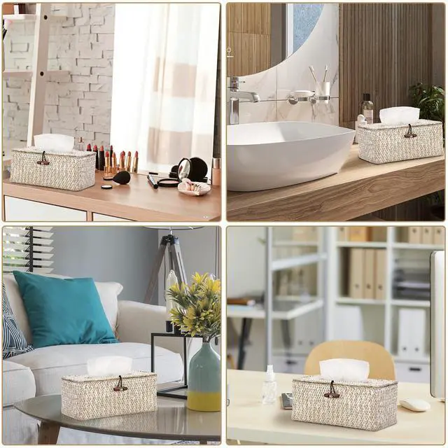 Alt view image 7 of 7 - Rectangle Natural Seagrass Tissue Box Cover,Woven Tissue Box with Bottom,Farmhouse Tissue Box Holder for Living Room Bathroom Vanity Toilet Table Desk Countertop Office Car,Whitewash