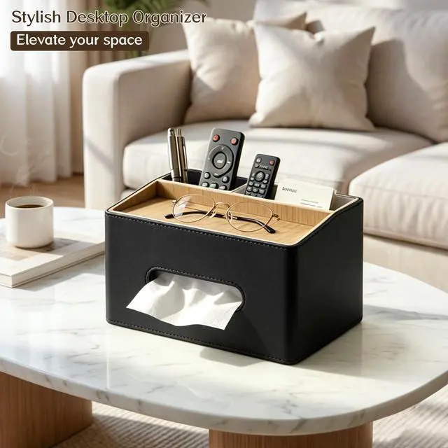 Alt view image 2 of 7 - Rectangular Tissue Box Cover, PU Leather Facial Tissue Holder with Storage Tray, Modern Remote Control Holder, Desk Organizer Accessories for Nightstand Living Room Bathroom Office Home Decor