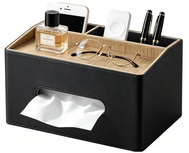 Main image of Rectangular Tissue Box Cover, PU Leather Facial Tissue Holder with Storage Tray, Modern Remote Control Holder, Desk Organizer Accessories for Nightstand Living Room Bathroom Office Home Decor