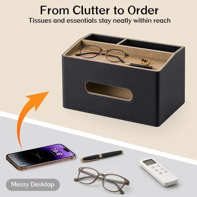 Alt view image 4 of 7 - Rectangular Tissue Box Cover, PU Leather Facial Tissue Holder with Storage Tray, Modern Remote Control Holder, Desk Organizer Accessories for Nightstand Living Room Bathroom Office Home Decor