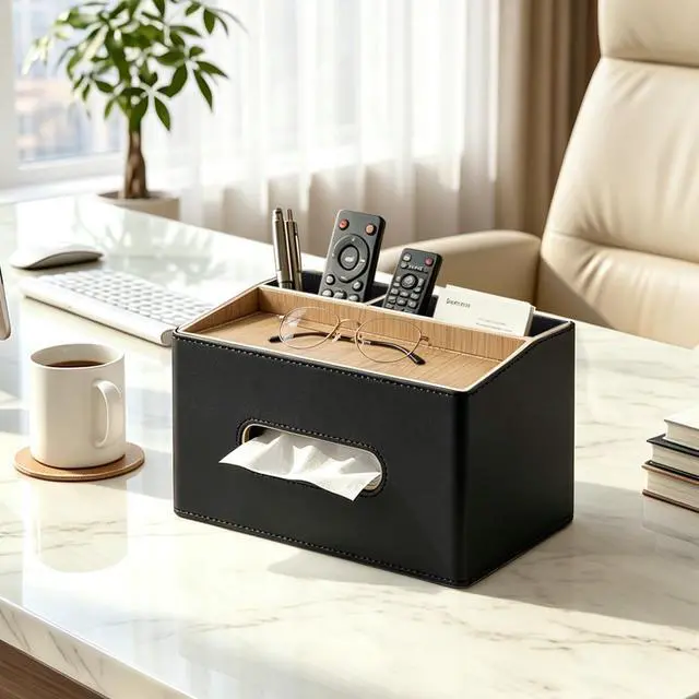 Alt view image 7 of 7 - Rectangular Tissue Box Cover, PU Leather Facial Tissue Holder with Storage Tray, Modern Remote Control Holder, Desk Organizer Accessories for Nightstand Living Room Bathroom Office Home Decor