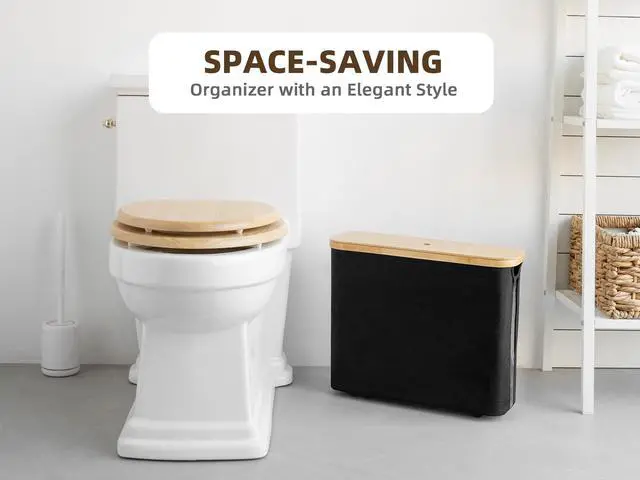 Alt view image 6 of 7 - Toilet Paper Storage Basket, Papers Container with Bamboo Lid, Medium Toilets Holder for Up to 9 Mega Rolls, Organizer for Bathroom, Black, 1 Pack