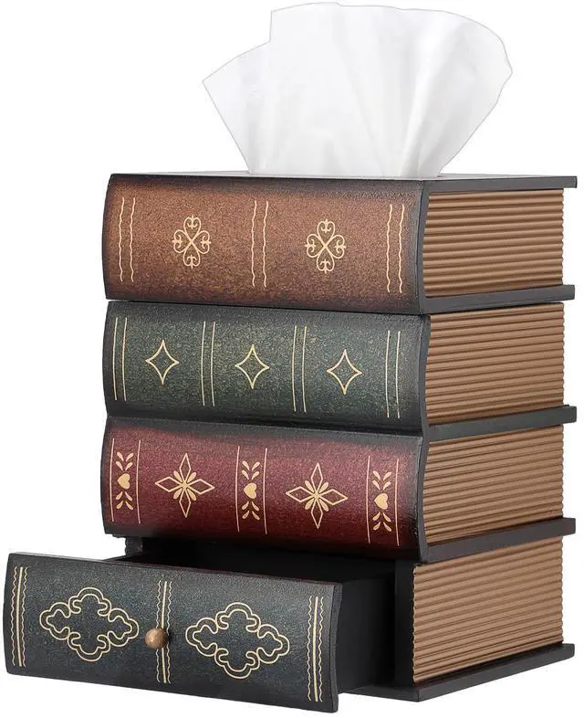 Main image of Antique Wooden Book Tissue Box Cover with Storage Drawer, Square Tissue Holder Decorative Tissue Dispenser Case Retro Vintage Home Decor for Table Desk Bathroom Living Room Office, Brown Top