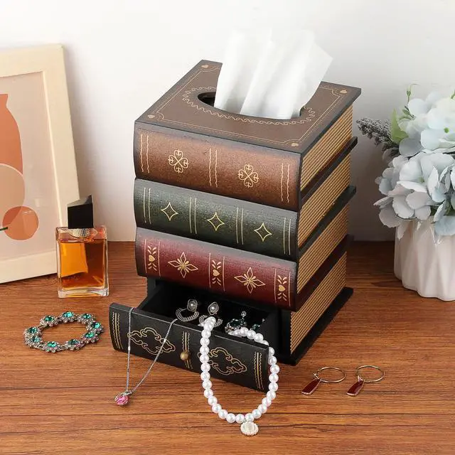 Alt view image 2 of 7 - Antique Wooden Book Tissue Box Cover with Storage Drawer, Square Tissue Holder Decorative Tissue Dispenser Case Retro Vintage Home Decor for Table Desk Bathroom Living Room Office, Brown Top