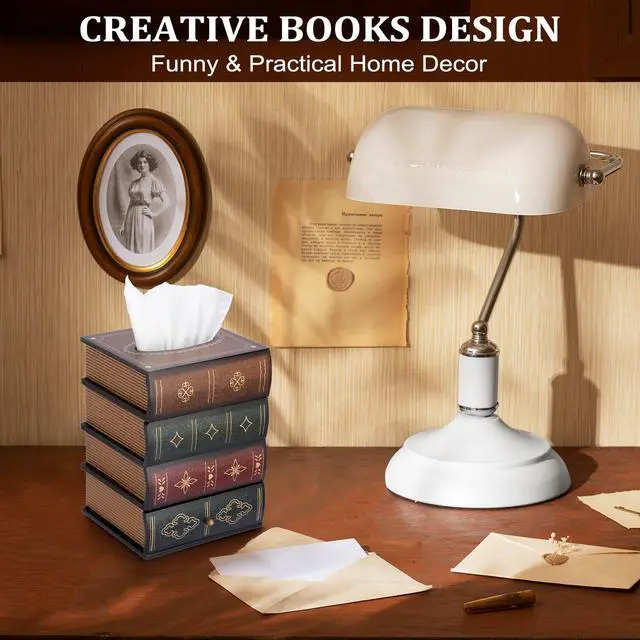 Alt view image 3 of 7 - Antique Wooden Book Tissue Box Cover with Storage Drawer, Square Tissue Holder Decorative Tissue Dispenser Case Retro Vintage Home Decor for Table Desk Bathroom Living Room Office, Brown Top