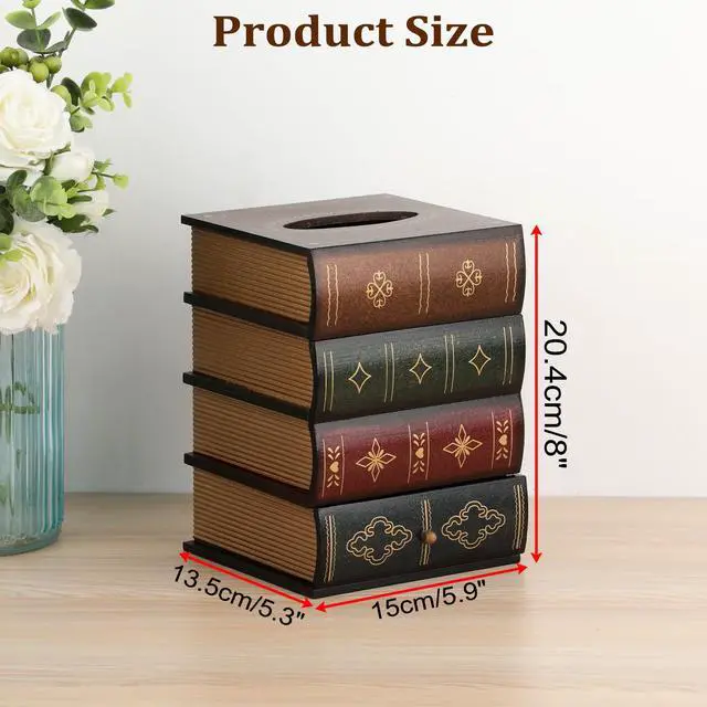 Alt view image 4 of 7 - Antique Wooden Book Tissue Box Cover with Storage Drawer, Square Tissue Holder Decorative Tissue Dispenser Case Retro Vintage Home Decor for Table Desk Bathroom Living Room Office, Brown Top