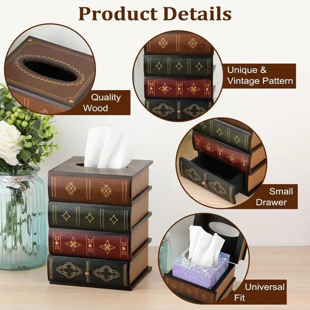 Alt view image 5 of 7 - Antique Wooden Book Tissue Box Cover with Storage Drawer, Square Tissue Holder Decorative Tissue Dispenser Case Retro Vintage Home Decor for Table Desk Bathroom Living Room Office, Brown Top