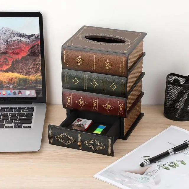 Alt view image 6 of 7 - Antique Wooden Book Tissue Box Cover with Storage Drawer, Square Tissue Holder Decorative Tissue Dispenser Case Retro Vintage Home Decor for Table Desk Bathroom Living Room Office, Brown Top