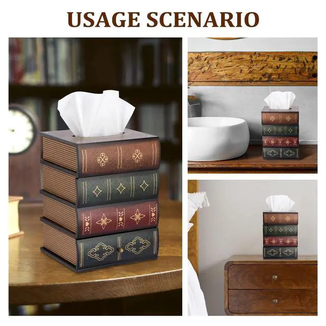 Alt view image 7 of 7 - Antique Wooden Book Tissue Box Cover with Storage Drawer, Square Tissue Holder Decorative Tissue Dispenser Case Retro Vintage Home Decor for Table Desk Bathroom Living Room Office, Brown Top