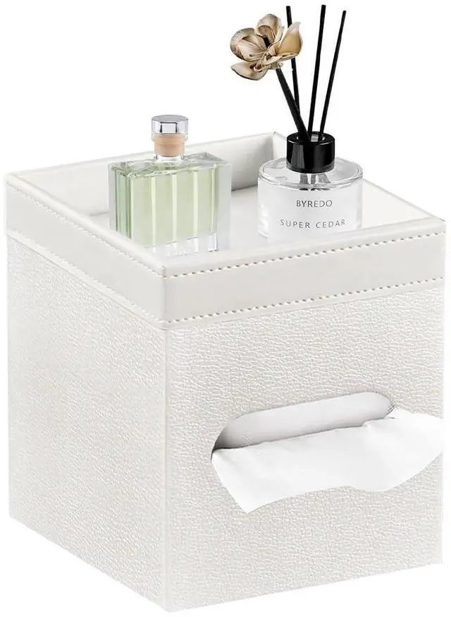 Main image of Tissue Box Cover Square, PU Leather Tissue Cube Box Holder with Storage Valet Tray, Decorative Tissue Holders, Modern Tissues Case Napkin Dispenser Facial Paper Organizer for Bathroom Vanity