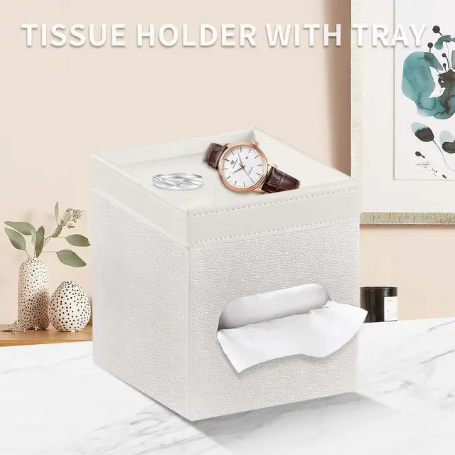 Alt view image 2 of 7 - Tissue Box Cover Square, PU Leather Tissue Cube Box Holder with Storage Valet Tray, Decorative Tissue Holders, Modern Tissues Case Napkin Dispenser Facial Paper Organizer for Bathroom Vanity